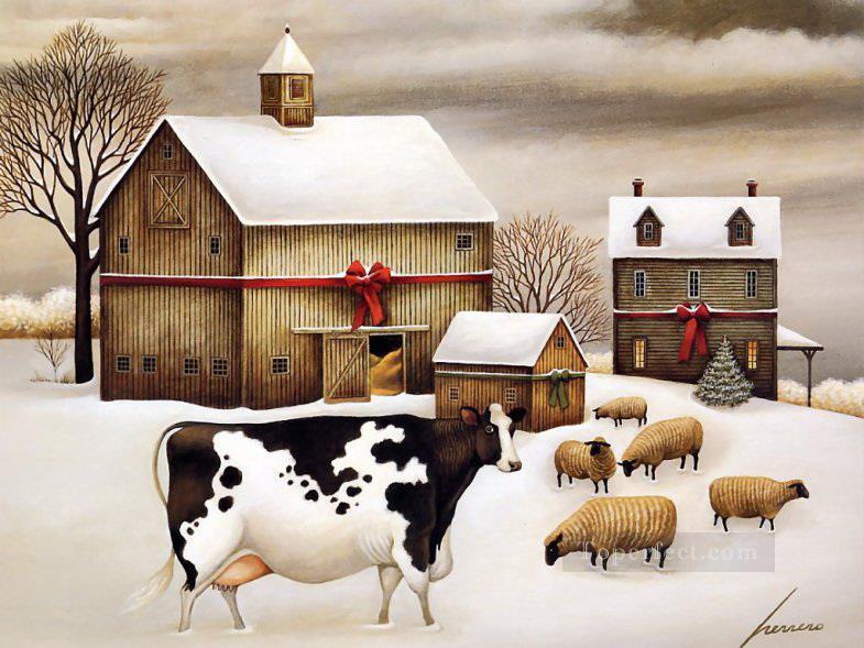 Rinder und Schaf im Schnee Dorf Ölgemälde